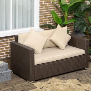 Outsunny Patio Wicker Loveseat with Cushions, 2-Seat Outdoor PE Rattan Couch, Sofa with Throw Pillows for Porch, Backyard, Garden, Poolside, Beige