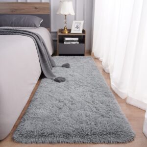 fosirug rugs for bedroom long plush 2x6 feet runner rug for living room ultra soft shaggy carpet for christmas home decor fluffy mat faux fur rug for bedside nursery kids room college drom, grey