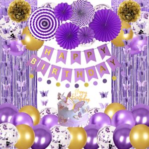 purple birthday party decorations for women girls with butterfly hanging garland,happy birthday banner,curtains,circle dots garland,hanging paper fans,butterfly cake topper birthday for her