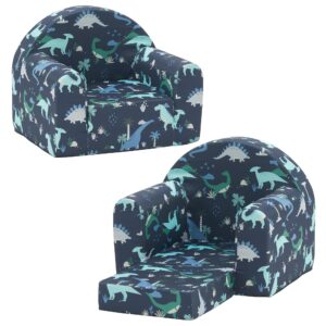 ulax furniture kids sofa couch, 2-in-1 flip out toddler couch, baby lounge chair (navy dinosaur)