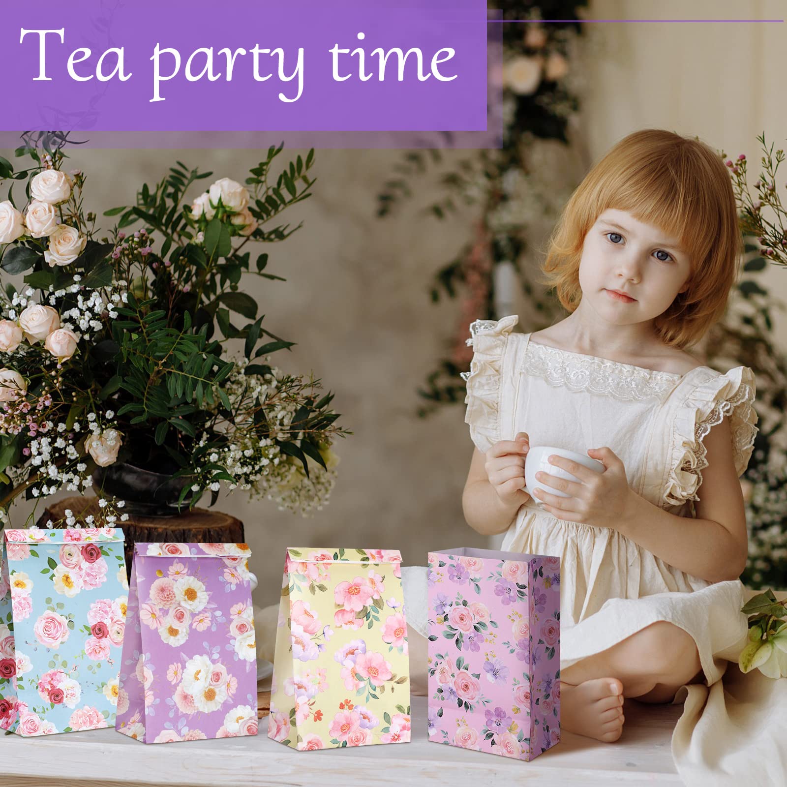 Panelee 24 Pcs Floral Paper Gift Bags Tea Party Bags Spring Goodie Bags Small Flower Candy Treat Bags for Wedding Bridal Baby Shower Birthday Mother's Day Decorations