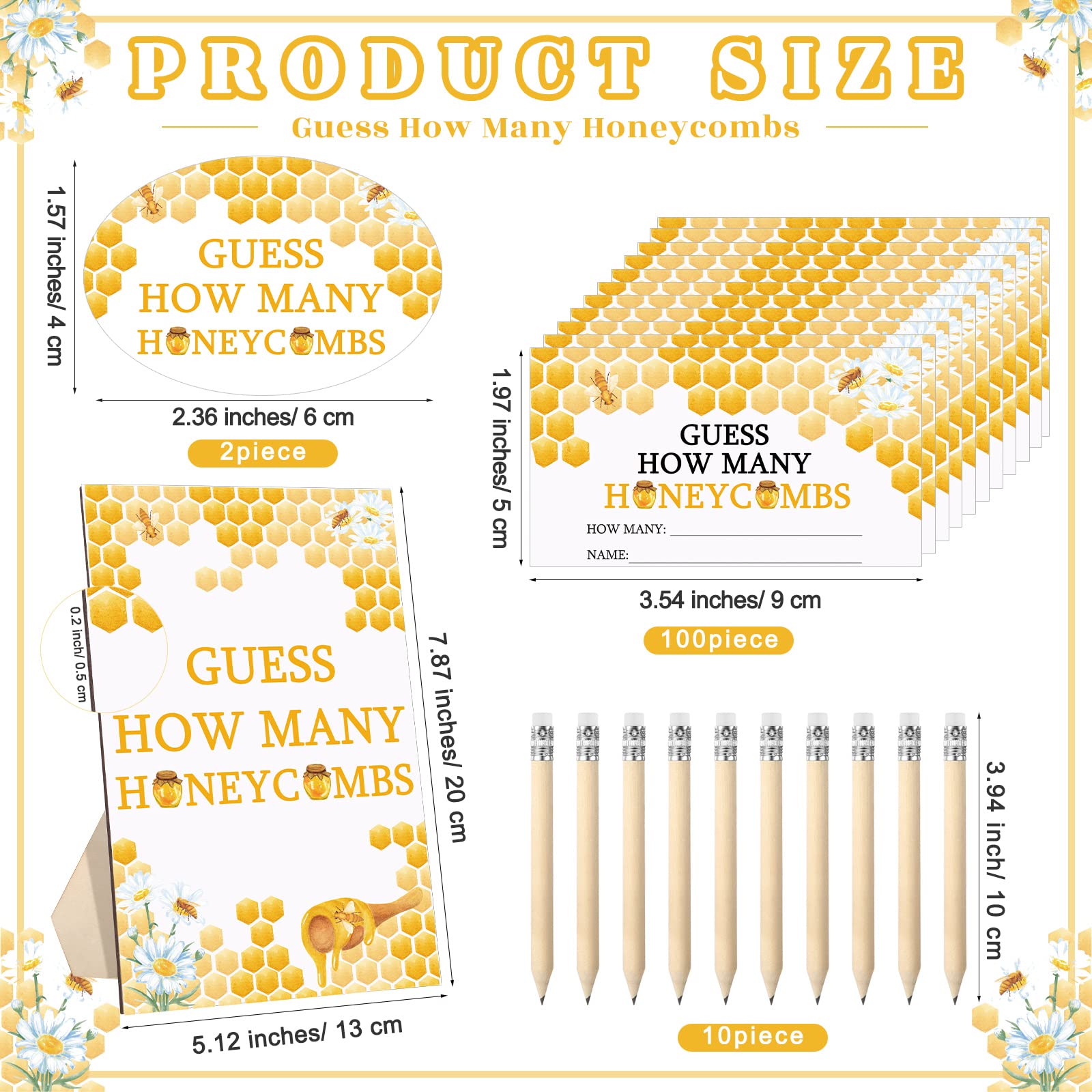 Glenmal 114 Pcs Bee Baby Shower Games Guess How Many Honeycombs Wooden Guessing Game Sign 100 Guessing Cards 10 Pencils 2 Stickers 1 Bottle for Guests Baby Shower Gender Reveal Party, No Honeycombs