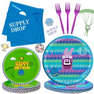 video games party tableware supplies 64pcs llama set including 32 pcs plates, 16 pcs forks and 16 pcs napkins, video games theme party baby shower birthday decorations