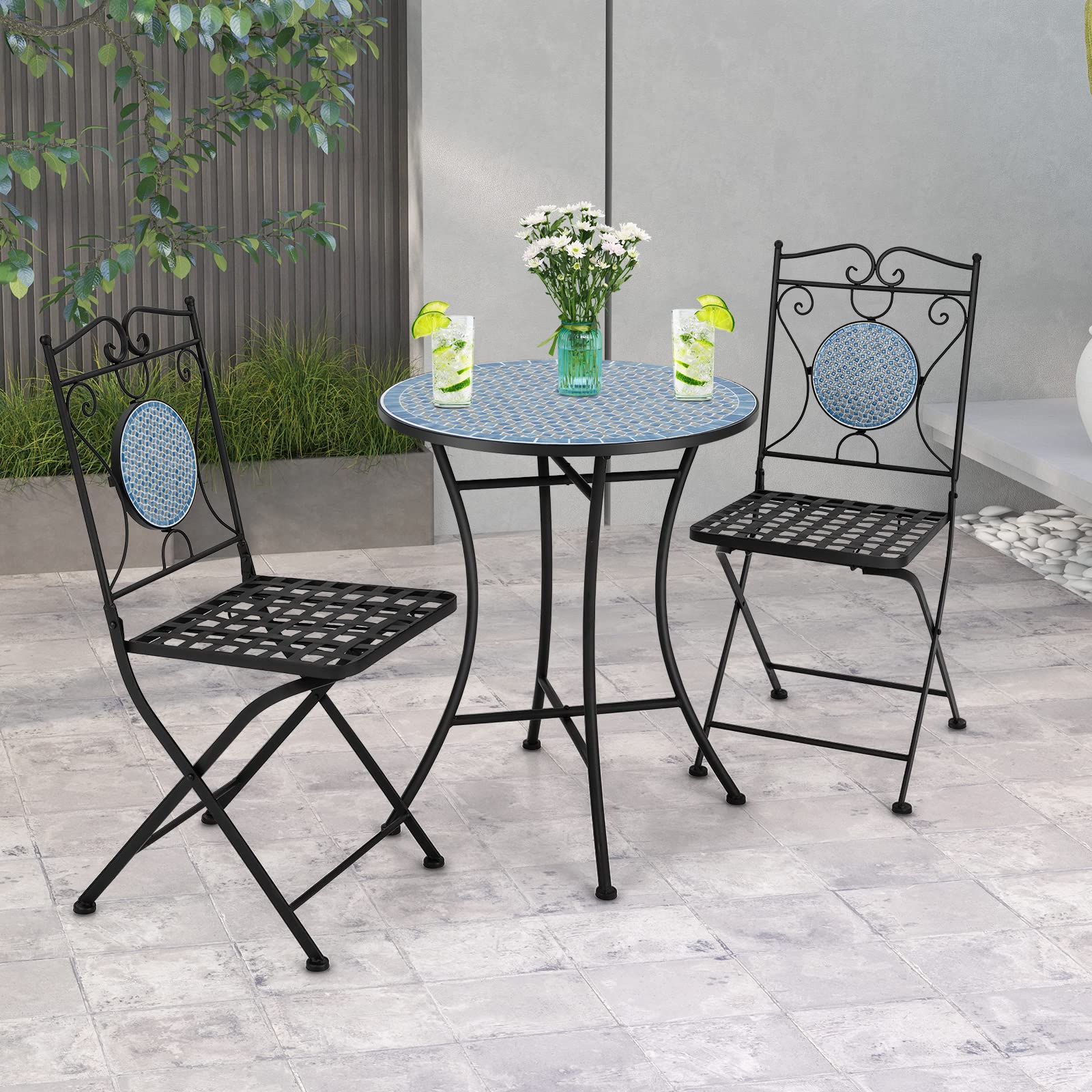 Tangkula 3 Pieces Patio Bistro Set, Outdoor Garden Furniture Set with Mosaic Round Table and 2 Folding Chairs, Outdoor Bistro Set for Porch, Terrace, Balcony