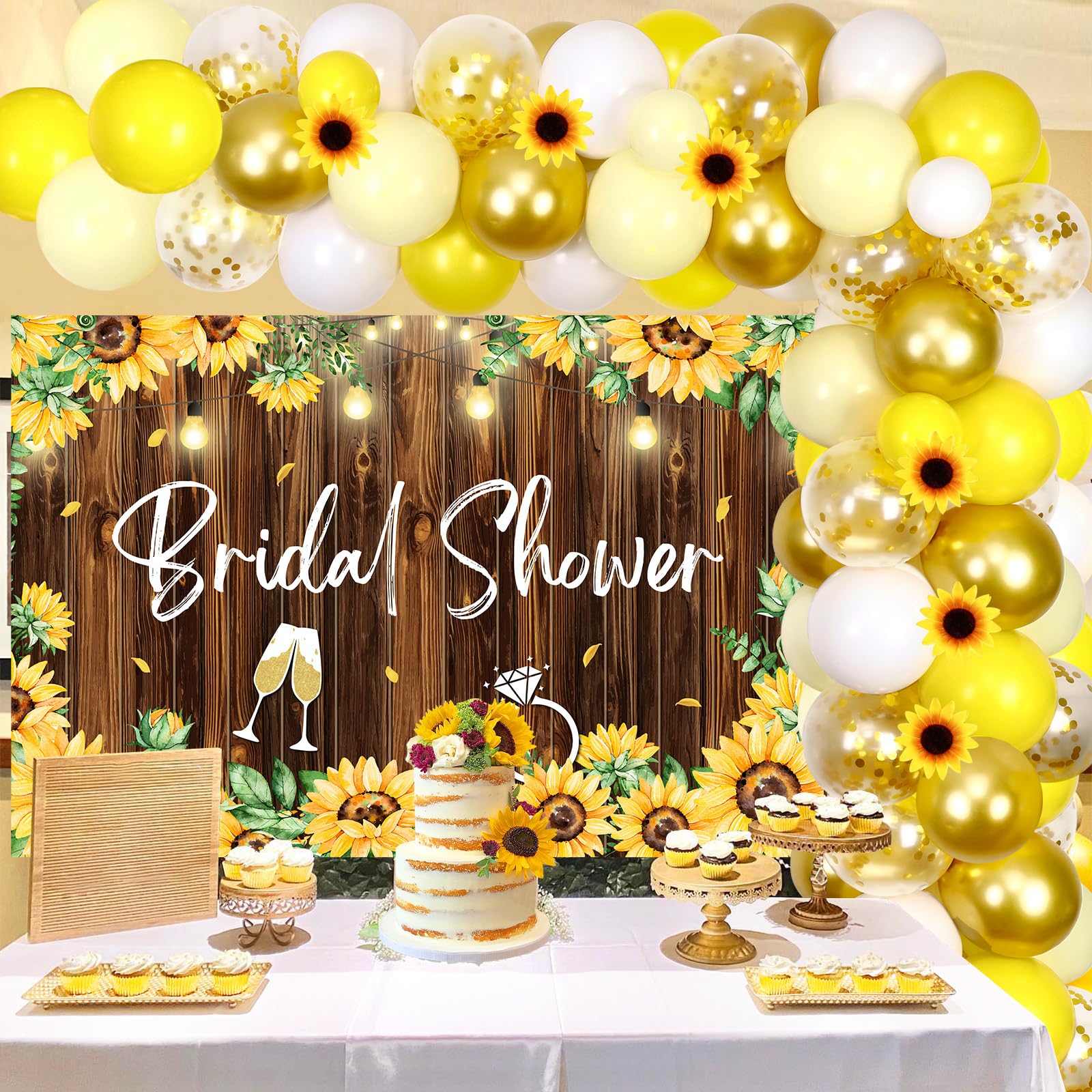 Yellow Sunflower Balloon Garland Arch Kit, Sunflower Bridal Shower Backdrop - Yellow White Gold Bachelorette Party Decorations with Artificial Flowers for Wedding Engagement Party Supplies