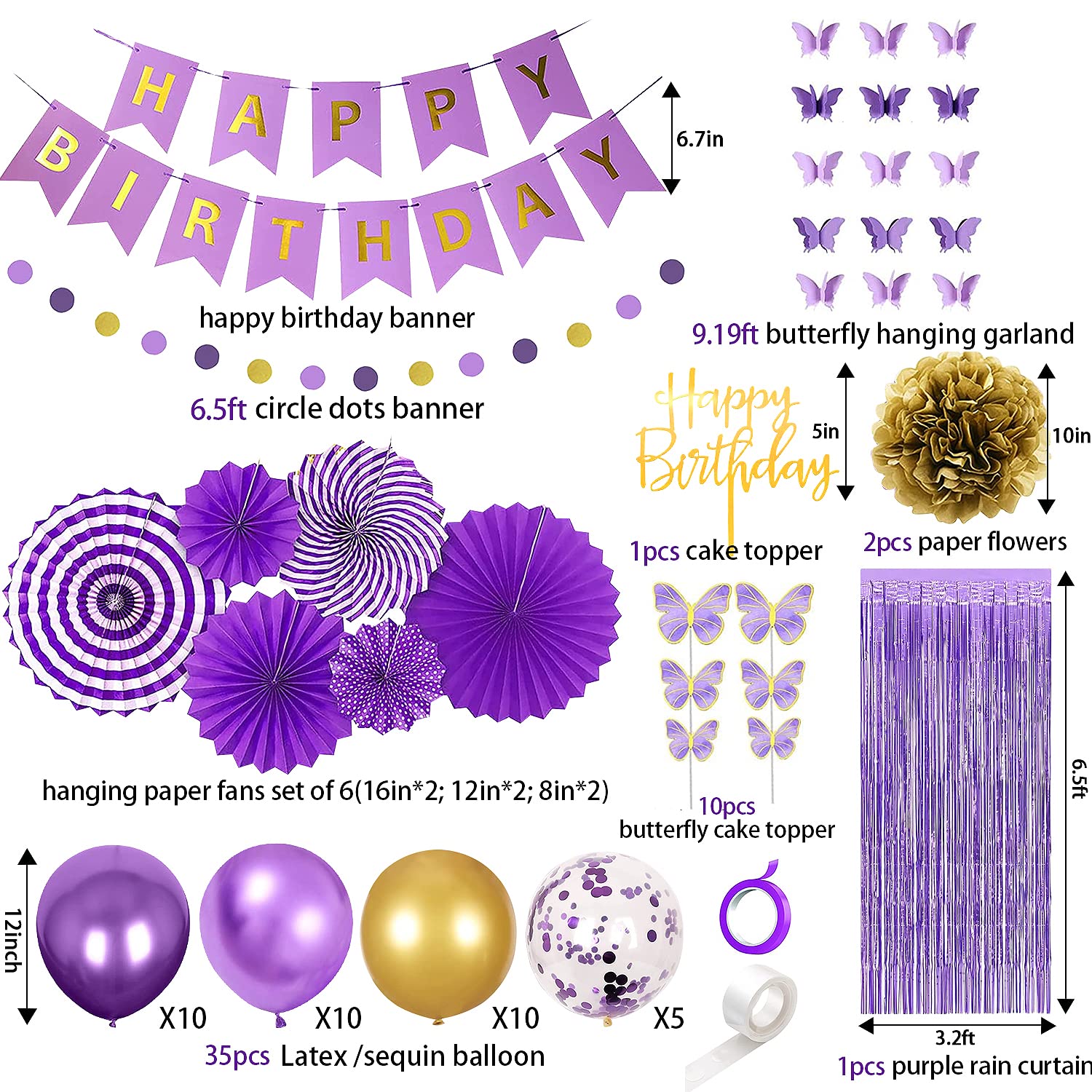 Purple Birthday Party Decorations for Women Girls with Butterfly Hanging Garland,Happy Birthday Banner,Curtains,Circle Dots Garland,Hanging Paper Fans,Butterfly Cake Topper Birthday for Her