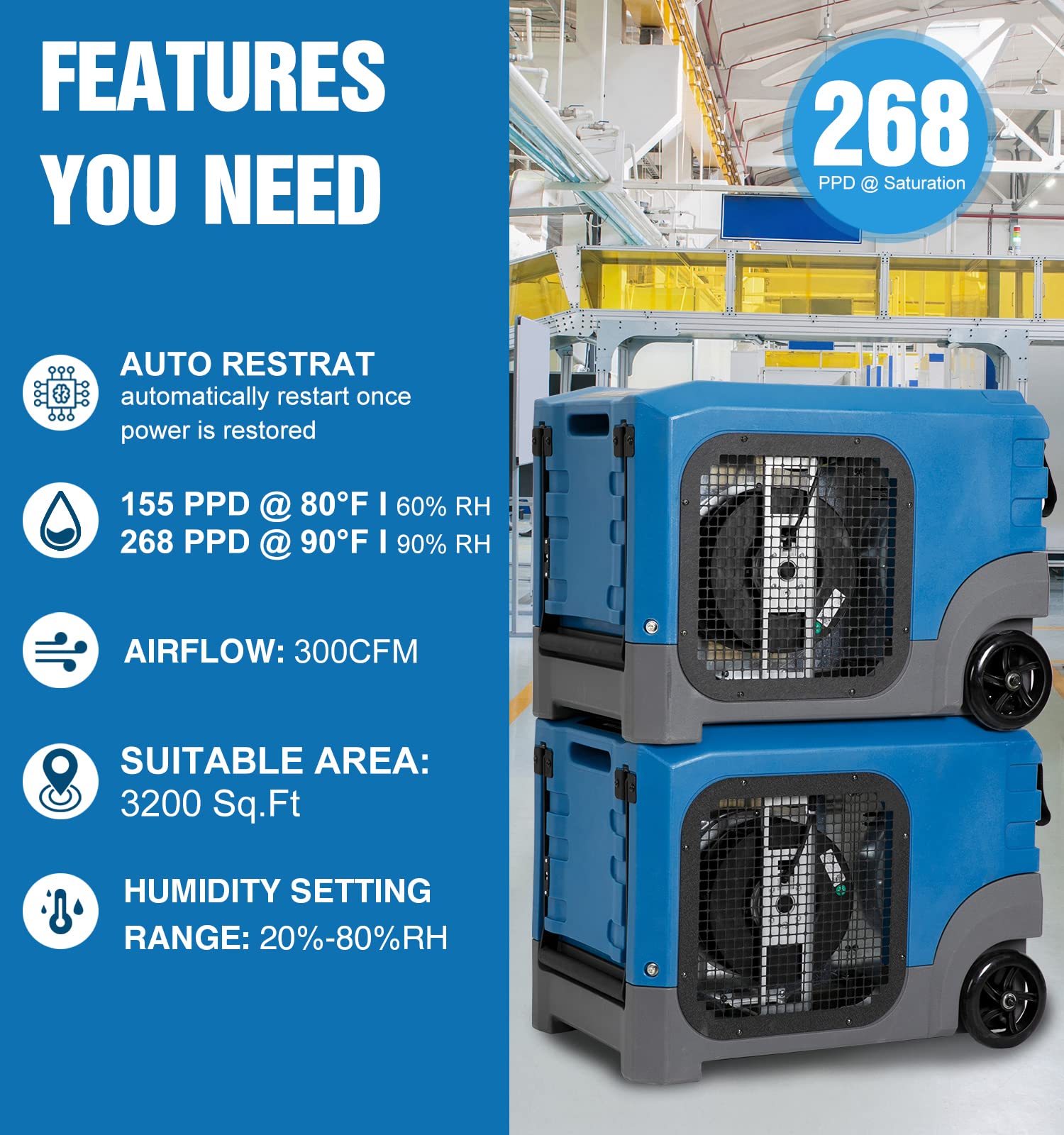 Mounto MOUNTO 268Pints LGR Commercial Compact Dehumidifier with Pump and Drain Hose, LGR Portable Dehumidifier with wheels for Home, Basements, Garages, and Job Sites