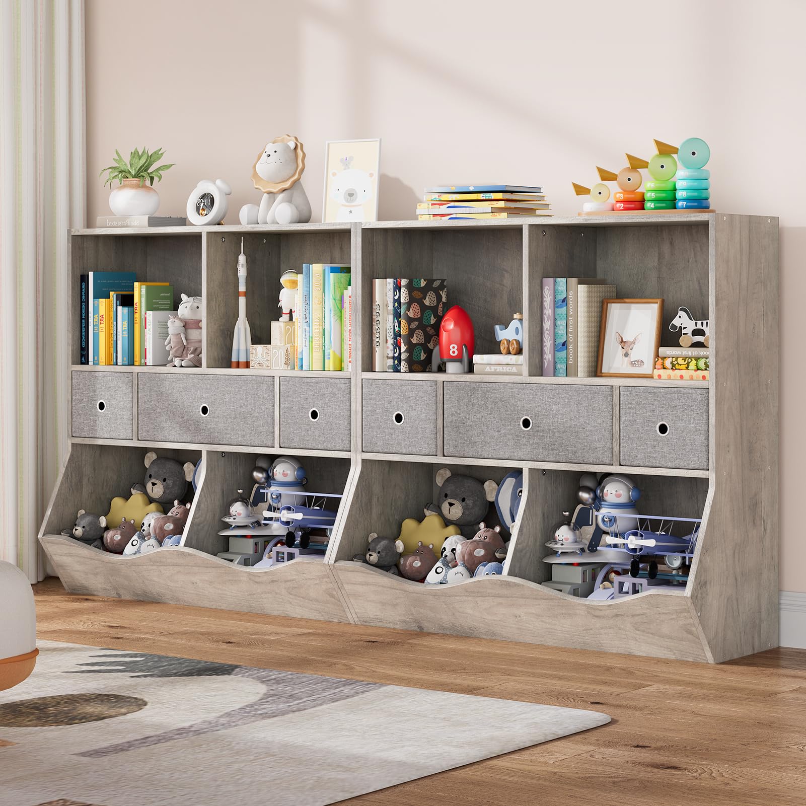 Alkmaar Kids Bookshelf and Bookcase Toy Storage Multi Shelf with Cubby Organizer Cabinet and Drawers for Boys Girls for Children's Room Playroom Hallway Bedroom (Grey)