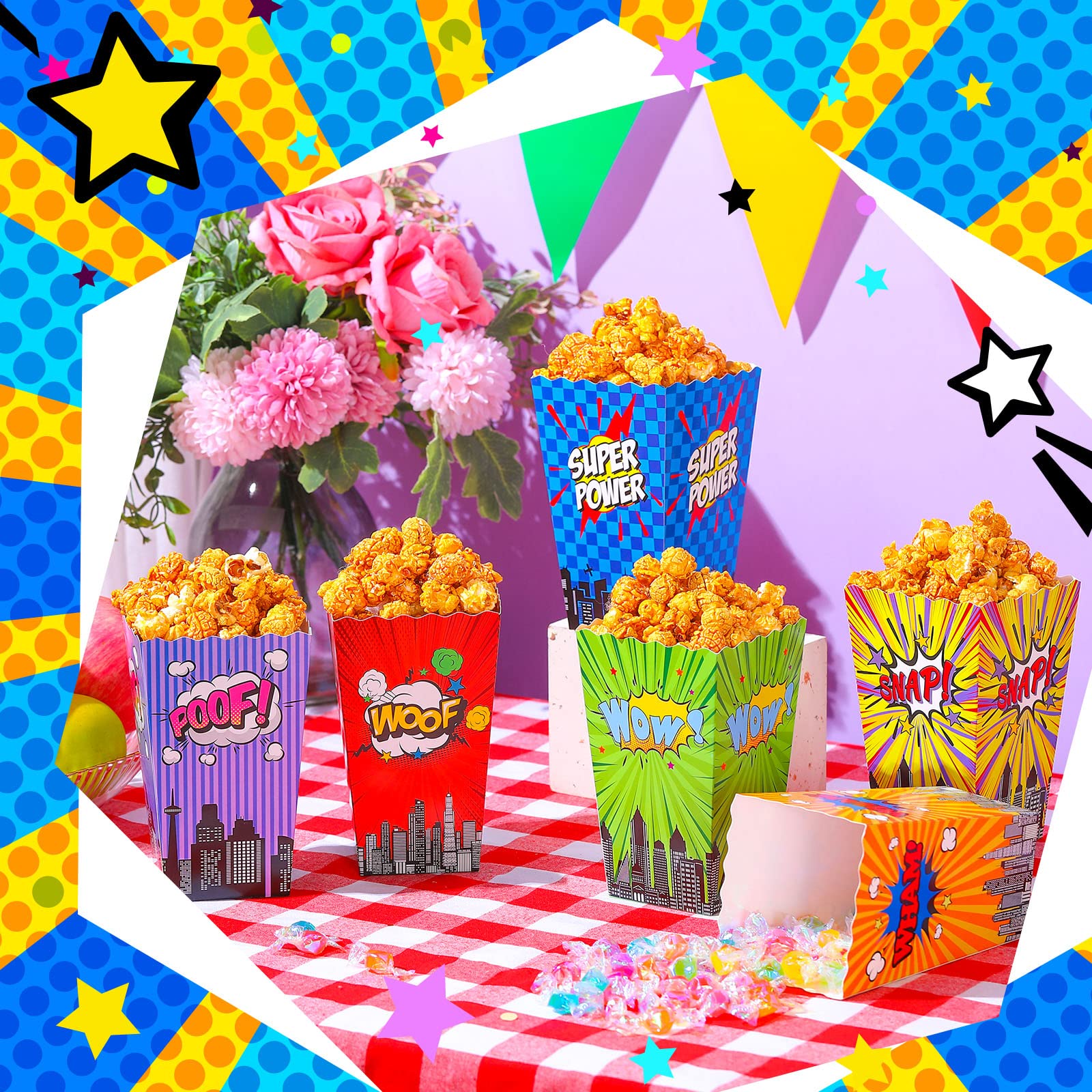 24 Pcs Hero Theme Popcorn Boxes Hero Party Supplies Snack Treat Box Cookie Box Popcorn Containers for Kids Adults Candy Baby Shower Favor Birthday Party Supplies