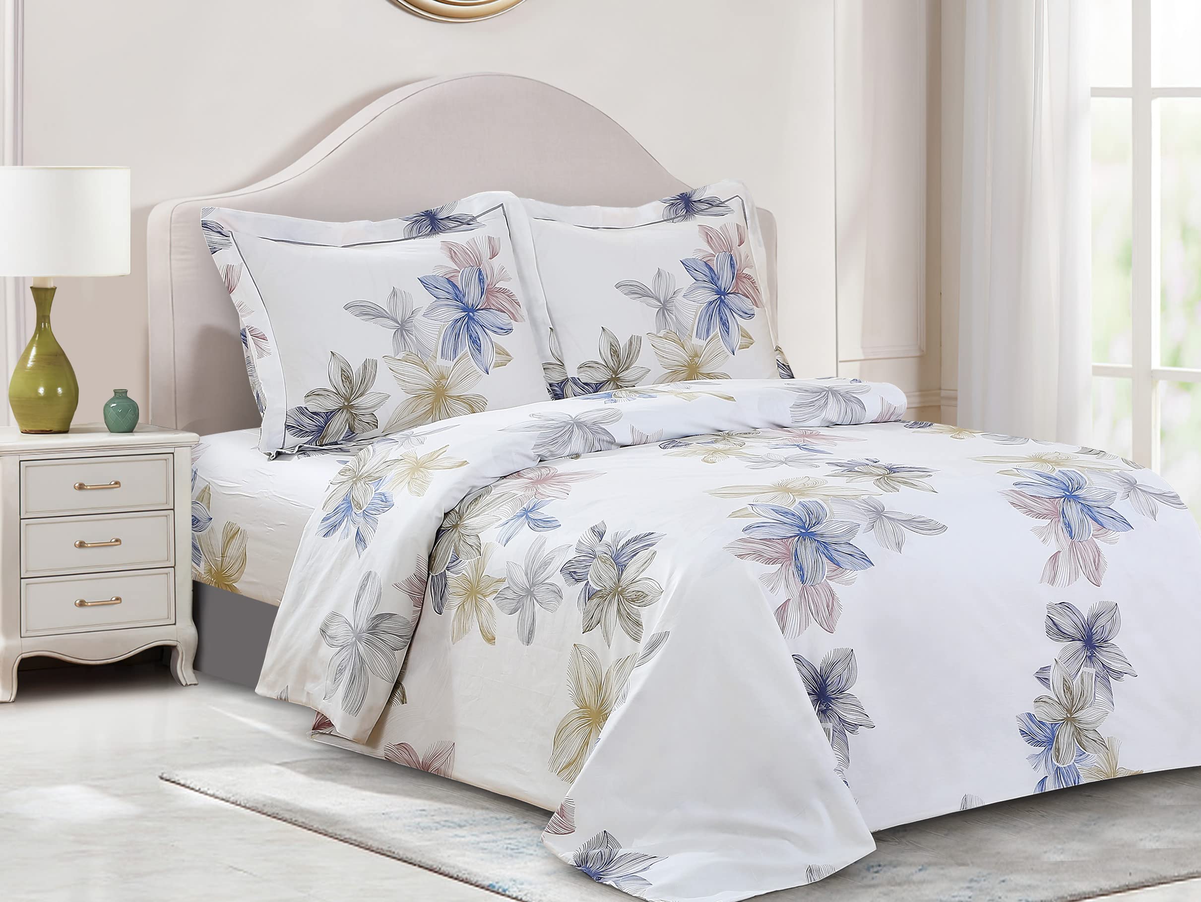 Violet Linen French Floral Botanical Pattern, Luxury Ultra Soft and Breathable 200 Thread-Count Cotton Percale, White, Twin 39-inch, 6 Piece Duvet Set, Bedding Duvet Cover Set for Two Beds