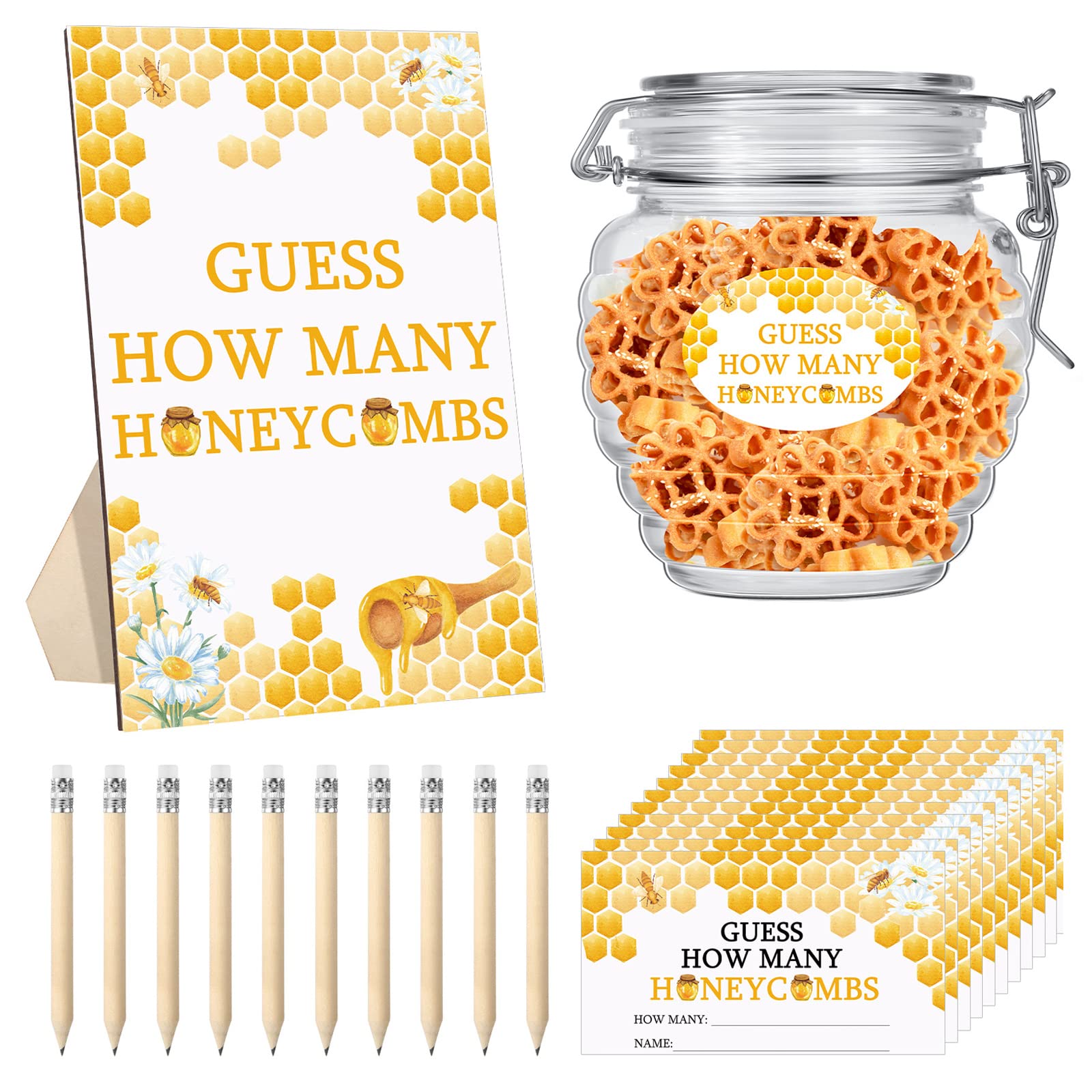 Glenmal 114 Pcs Bee Baby Shower Games Guess How Many Honeycombs Wooden Guessing Game Sign 100 Guessing Cards 10 Pencils 2 Stickers 1 Bottle for Guests Baby Shower Gender Reveal Party, No Honeycombs