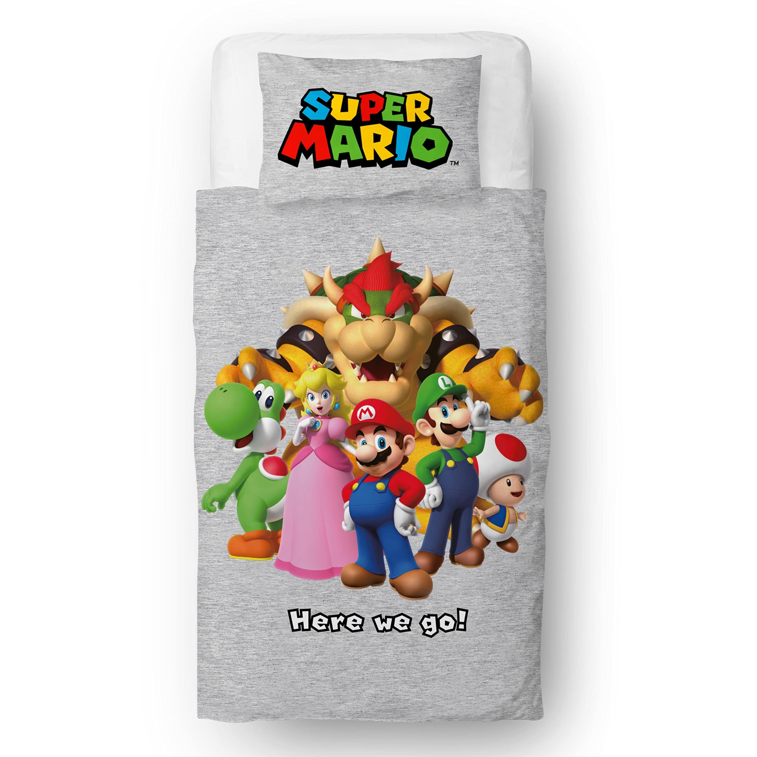 Nintendo Super Mario Official Single Duvet Cover Set, Here We Go Design | Reversible 2 Sided Bedding Cover Official Merchandise Including Matching Pillow Case | Single Bed Set | Polycotton