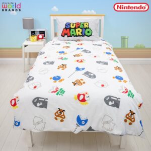 Nintendo Super Mario Official Single Duvet Cover Set, Here We Go Design | Reversible 2 Sided Bedding Cover Official Merchandise Including Matching Pillow Case | Single Bed Set | Polycotton