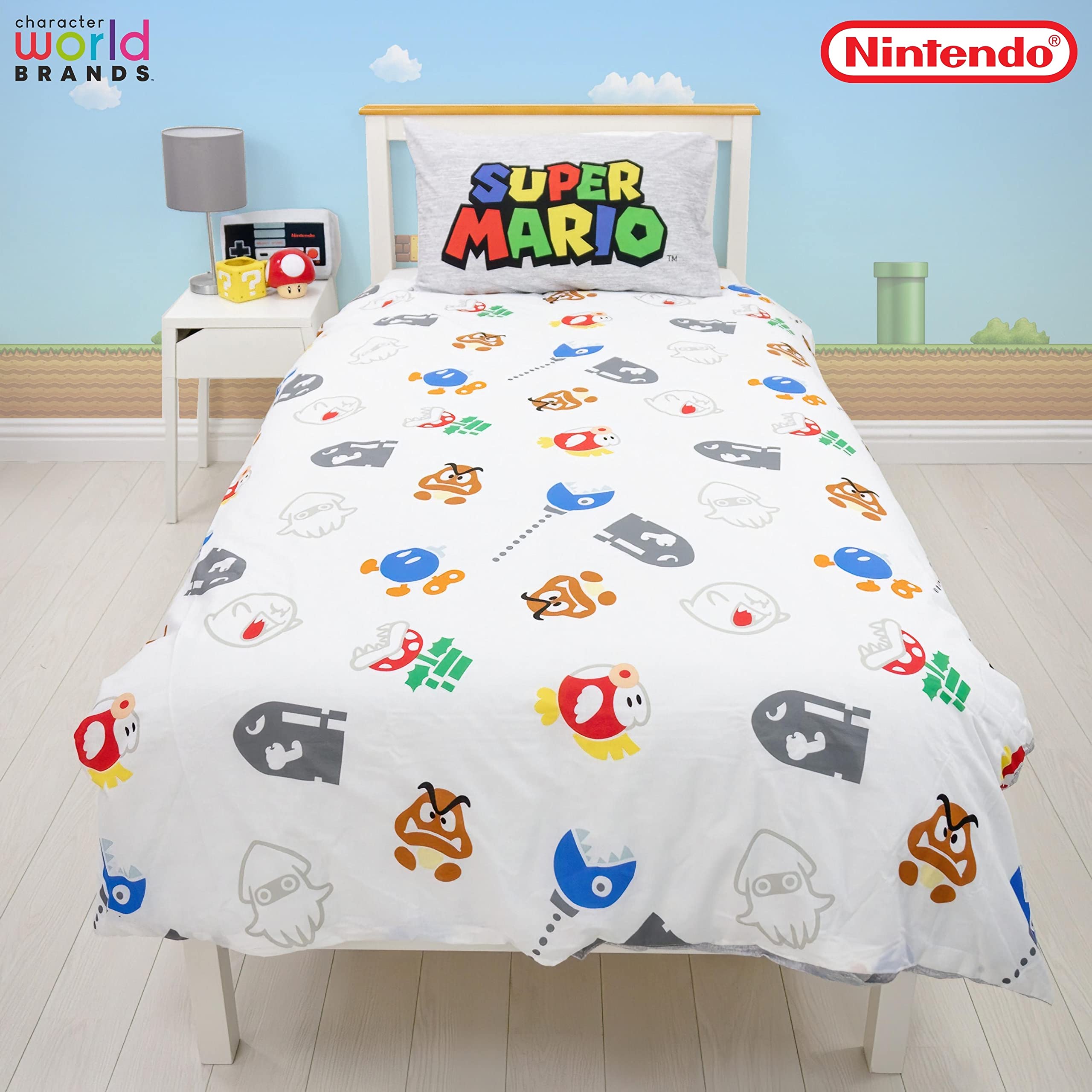 Nintendo Super Mario Official Single Duvet Cover Set, Here We Go Design | Reversible 2 Sided Bedding Cover Official Merchandise Including Matching Pillow Case | Single Bed Set | Polycotton