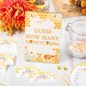 Glenmal 114 Pcs Bee Baby Shower Games Guess How Many Honeycombs Wooden Guessing Game Sign 100 Guessing Cards 10 Pencils 2 Stickers 1 Bottle for Guests Baby Shower Gender Reveal Party, No Honeycombs