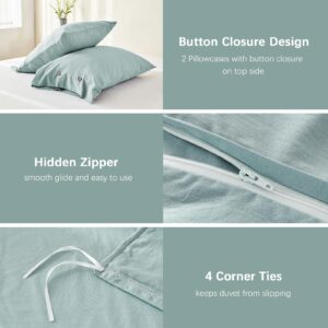 MILDLY 100% Washed Cotton Queen Duvet Cover Set, Linen Like Textured Natural 3 Pieces Luxury Soft Teal Duvet Cover, Bedding Sets Queen Size 3pcs with Zipper Closure (No Comforter)