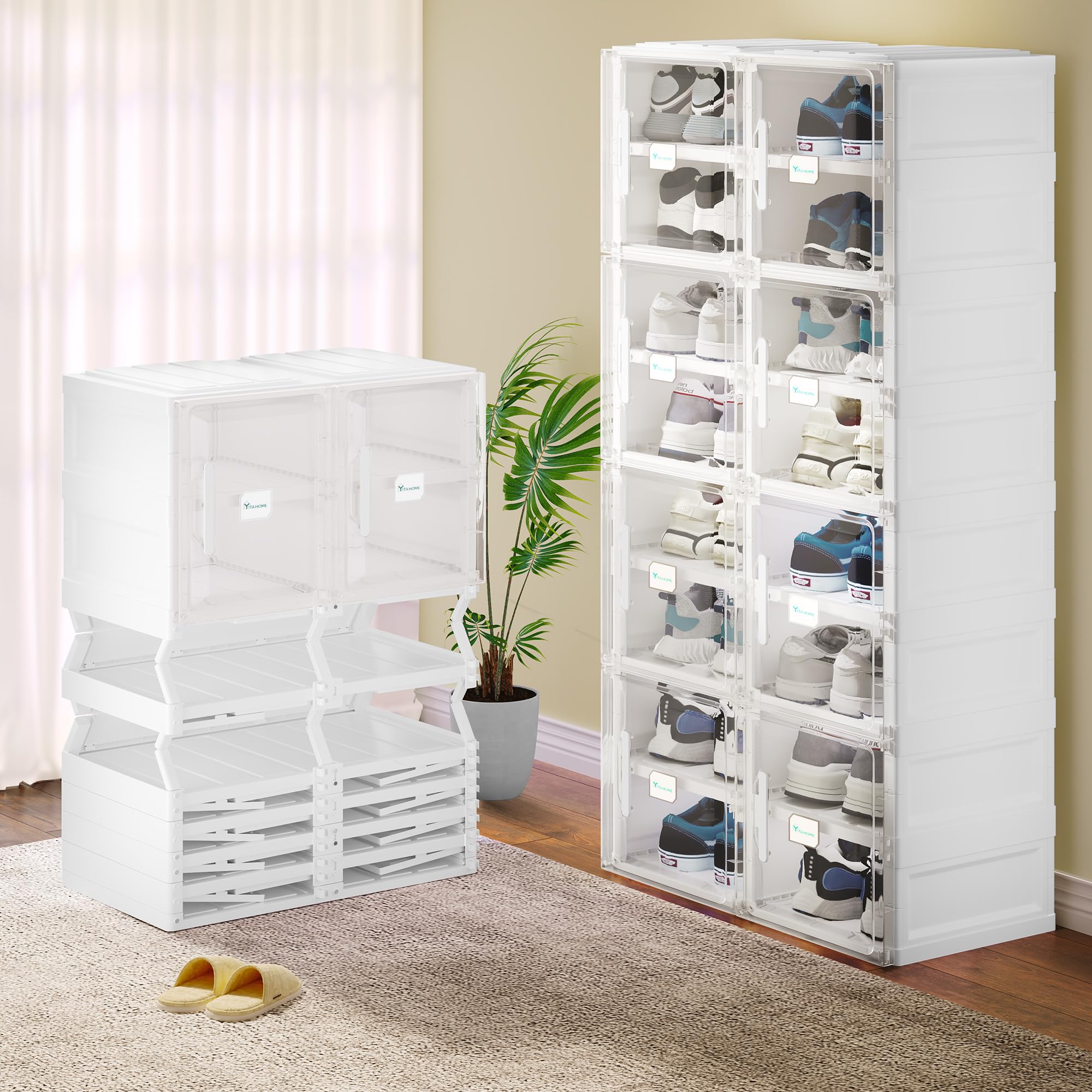 YITAHOME Shoe Storage Organizer, Foldable Shoe Box with Doors, 20 Grid Stackable Transparent Shoe Cabinet Installation-Free for Hallway, Living Room, Closet (White)