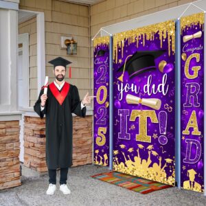 Graduation Decorations Class of 2025 Purple and Gold Congrats Grad Banner and You Did It Graduation Door Cover for High School College Graduation Party Supplies(Purple)