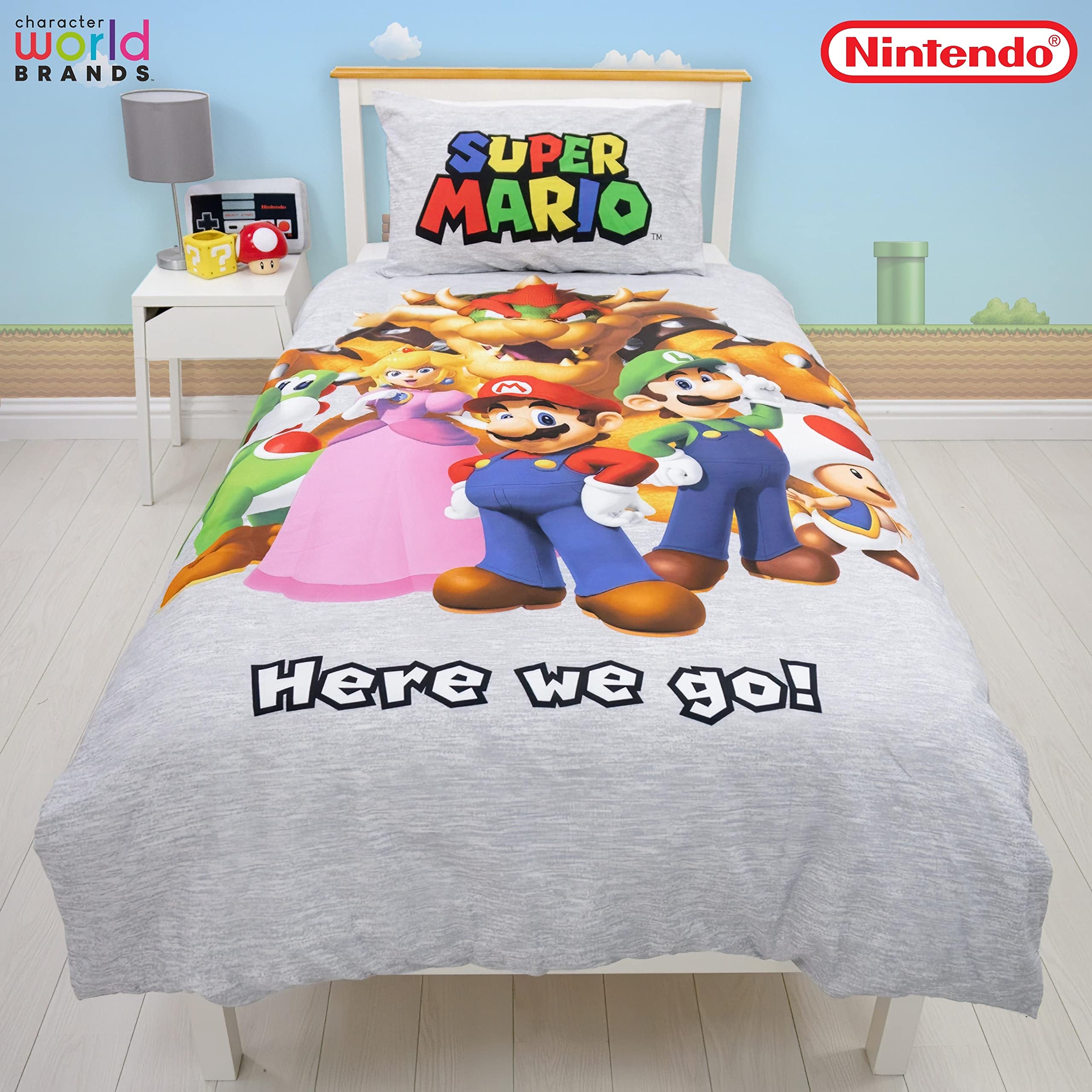 Nintendo Super Mario Official Single Duvet Cover Set, Here We Go Design | Reversible 2 Sided Bedding Cover Official Merchandise Including Matching Pillow Case | Single Bed Set | Polycotton