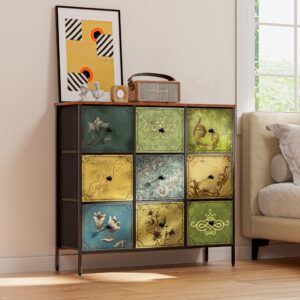 DOVAMY Drawer Dresser with 9 Fabric Drawers, Dresser Storage Organizer for Bedroom,Closet,Nursery,Living Room,Wide Storage Tower Unit with Steel Frame,Chest of Drawer, Wooden Top, Rustic Pattern