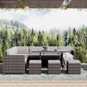 LHBcraft 7 Piece Patio Furniture Set, Outdoor Furniture Patio Sectional Sofa, All Weather PE Rattan Outdoor Sectional with Grey Cushions and Table, Grey Wicker (Grey)