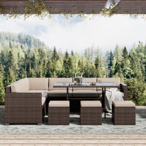 LHBcraft 7 Piece Patio Furniture Set, Outdoor Furniture Patio Sectional Sofa, All Weather PE Rattan Outdoor Sectional with Beige Cushions and Table, Brown Wicker (Brown),(OT002-GR/MS)