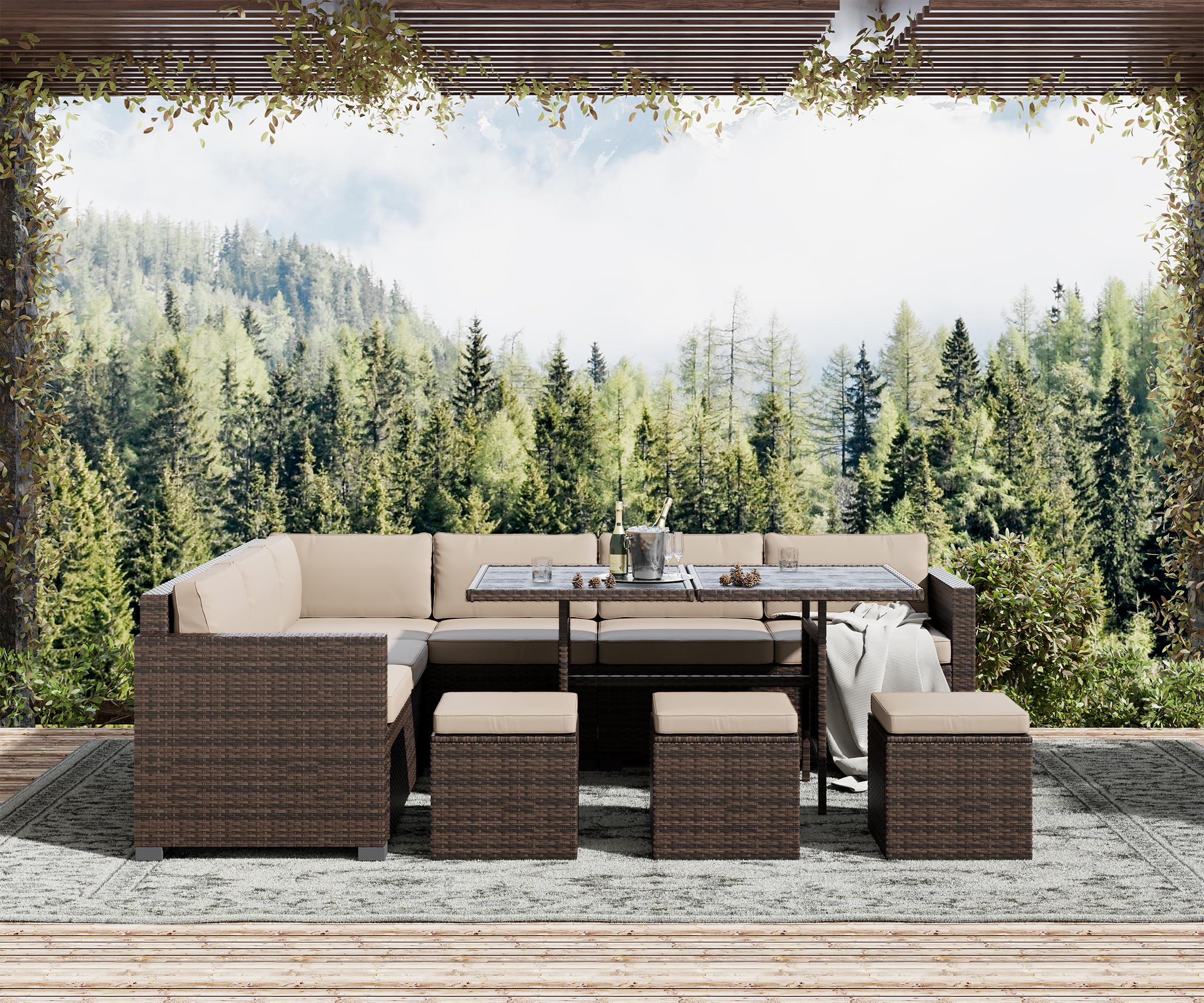 LHBcraft 7 Piece Patio Furniture Set, Outdoor Furniture Patio Sectional Sofa, All Weather PE Rattan Outdoor Sectional with Beige Cushions and Table, Brown Wicker (Brown),(OT002-GR/MS)