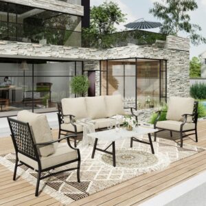 HERA'S HOUSE 4 Piece Patio Furniture Set, 2 x Metal Frame Cushioned Chair, 3-Seat Sofa with Marbling Coffee Table, All Weahter Outdoor Conversation Set for Lawn Garden Backyard