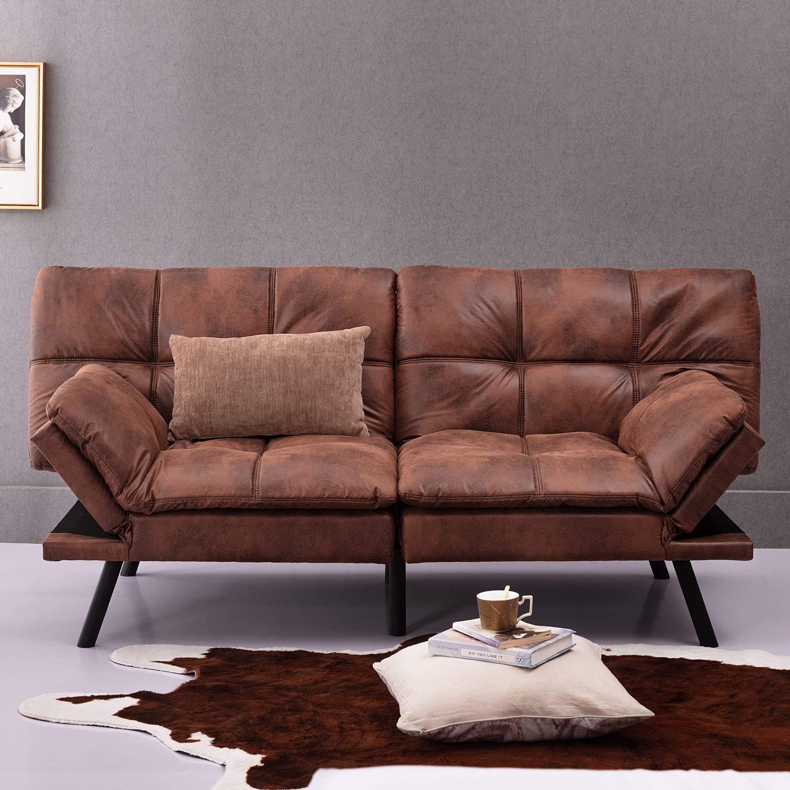 Anwick Convertible Memory Foam Futon Couch Bed, Leather Futon Sofa Bed, Folding Modern Sleeper Sofa with Quick Adjustable Armrest and Backrest for Studio Apartment/Home Office/Small Space (Brown)