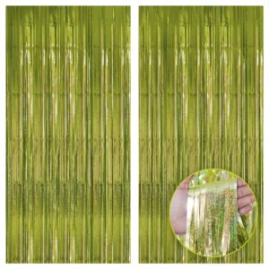 katchon, sage green foil fringe curtain - 3.2x8 feet, 2 pcs | sage green backdrop for jungle party decorations | sage green party decorations, wild one birthday decorations | frog party decorations