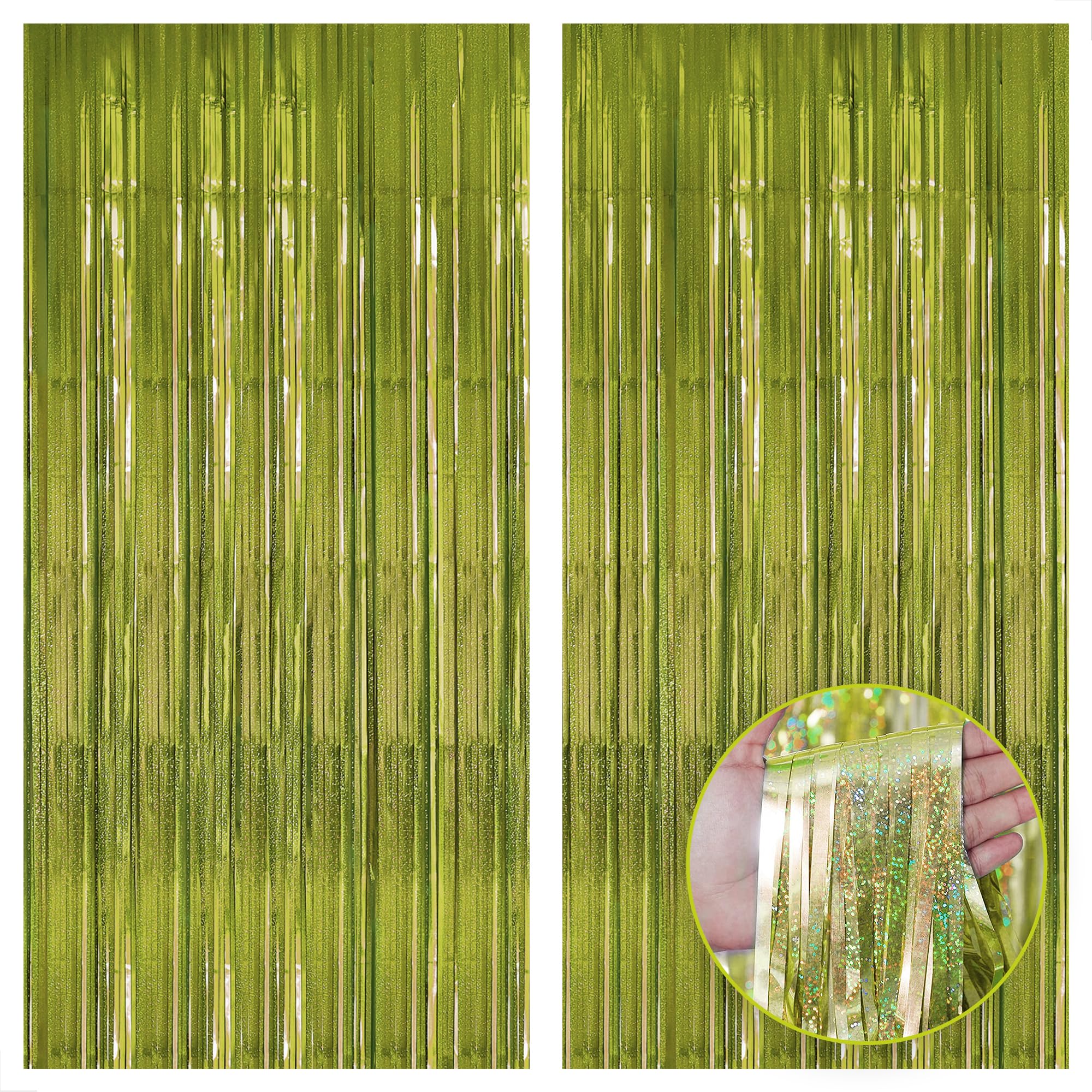 KatchOn, Sage Green Foil Fringe Curtain - 3.2x8 Feet, 2 Pcs | Sage Green Backdrop for Jungle Party Decorations | Sage Green Party Decorations, Wild One Birthday Decorations | Frog Party Decorations