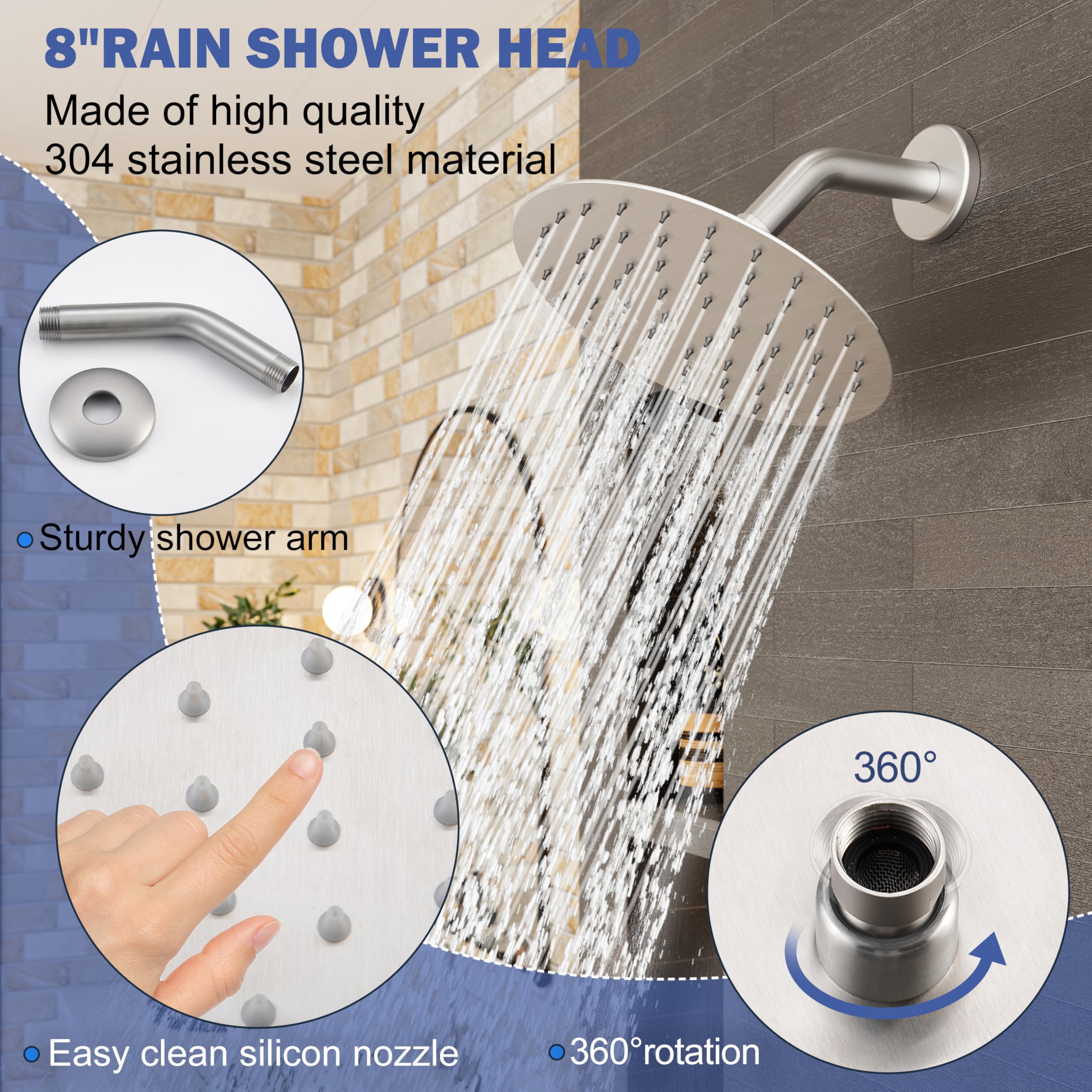 HoliSpa Tub Shower Faucet, Chrome Tub Shower Faucet Set with 8-Inch Rainfall Shower Head and Tub Spout, Shower Tub Faucet Set Complete (Included Shower Valve), Tub Shower Trim Kit, Polished Chrome