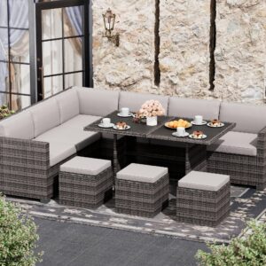 LHBcraft 7 Piece Patio Furniture Set, Outdoor Furniture Patio Sectional Sofa, All Weather PE Rattan Outdoor Sectional with Grey Cushions and Table, Grey Wicker (Grey)