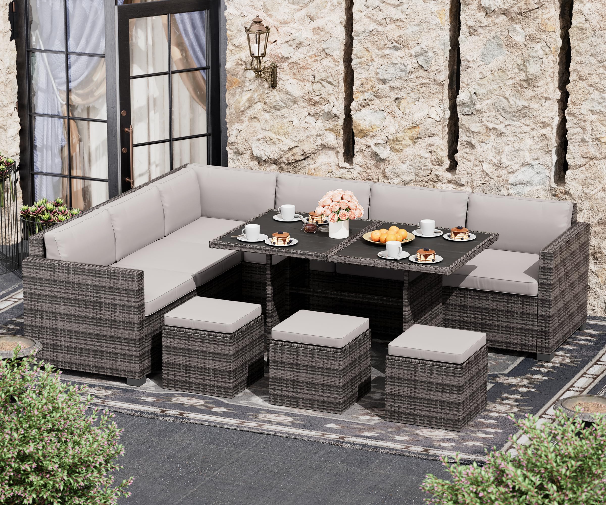 LHBcraft 7 Piece Patio Furniture Set, Outdoor Furniture Patio Sectional Sofa, All Weather PE Rattan Outdoor Sectional with Grey Cushions and Table, Grey Wicker (Grey)