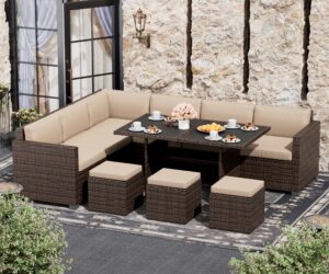 lhbcraft 7 piece patio furniture set, outdoor furniture patio sectional sofa, all weather pe rattan outdoor sectional with beige cushions and table, brown wicker (brown),(ot002-gr/ms)