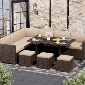 LHBcraft 7 Piece Patio Furniture Set, Outdoor Furniture Patio Sectional Sofa, All Weather PE Rattan Outdoor Sectional with Beige Cushions and Table, Brown Wicker (Brown),(OT002-GR/MS)