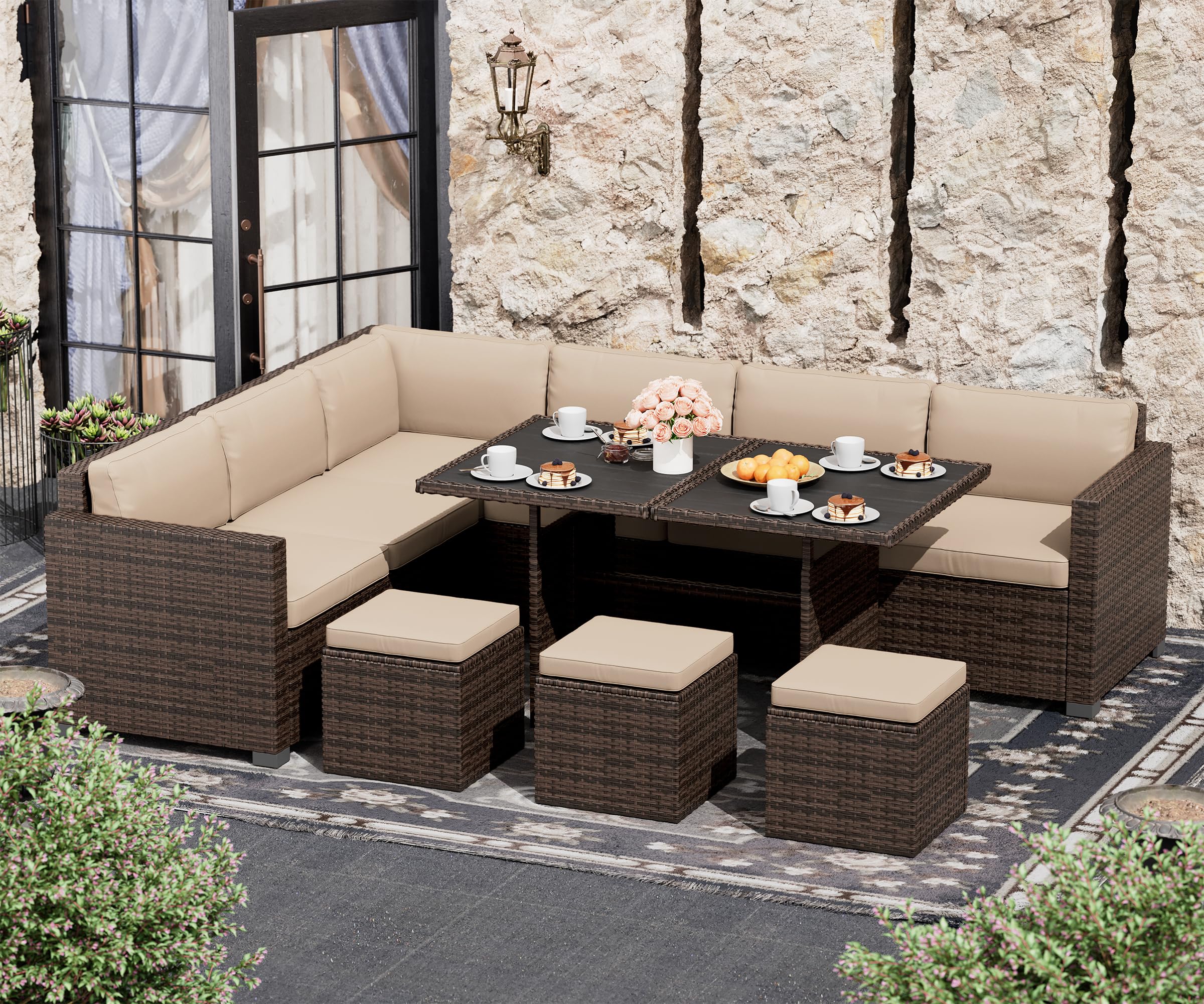 LHBcraft 7 Piece Patio Furniture Set, Outdoor Furniture Patio Sectional Sofa, All Weather PE Rattan Outdoor Sectional with Beige Cushions and Table, Brown Wicker (Brown),(OT002-GR/MS)