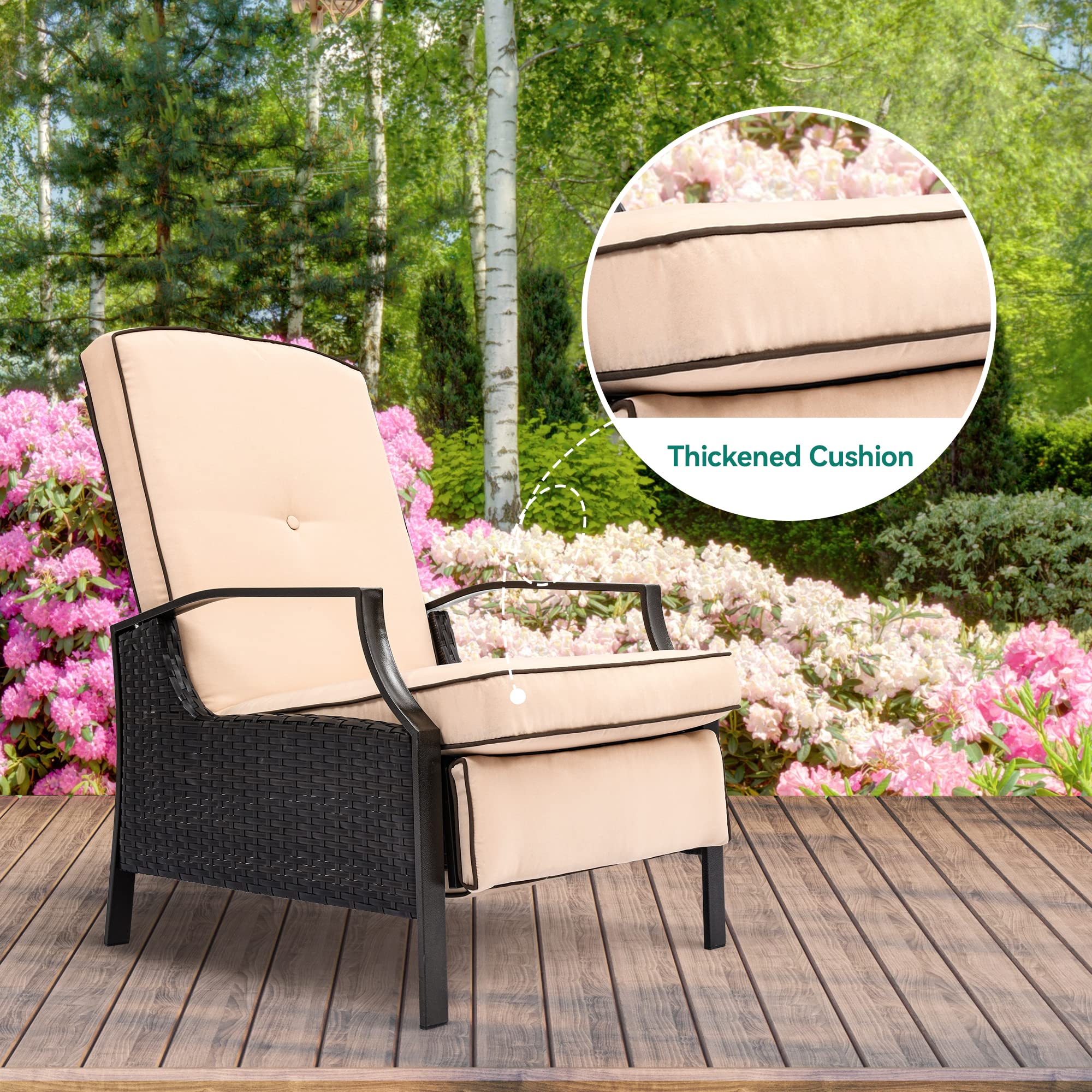 YITAHOME 2-Piece Patio Outdoor Indoor Adjustable Function Wicker Recliner Chairs, Dual-use Rattan Lounge Chairs with Soft Thick Cushions, Extended Footrest, Flip Back (Brown + Beige)