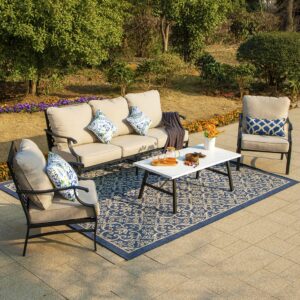 HERA'S HOUSE 4 Piece Patio Furniture Set, 2 x Metal Frame Cushioned Chair, 3-Seat Sofa with Marbling Coffee Table, All Weahter Outdoor Conversation Set for Lawn Garden Backyard