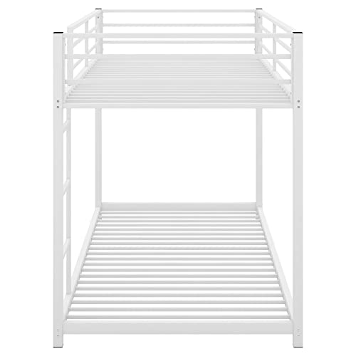 LostCat Bunk Bed Twin Over Twin, Low Bunk Beds with Safety Guardrail and Ladder, Metal Floor Bunk Bed with Slat Support, No Box Spring Needed, Easy Assembly, White