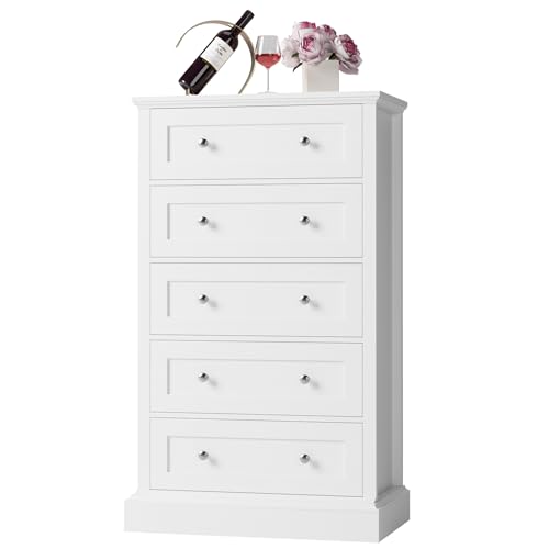 FACBOTALL 5 Drawer Dresser, 47.2" Tall White Dresser with 5 Drawers, Chest of Drawers Cabinet Wood Dresser for Hallway Living Room