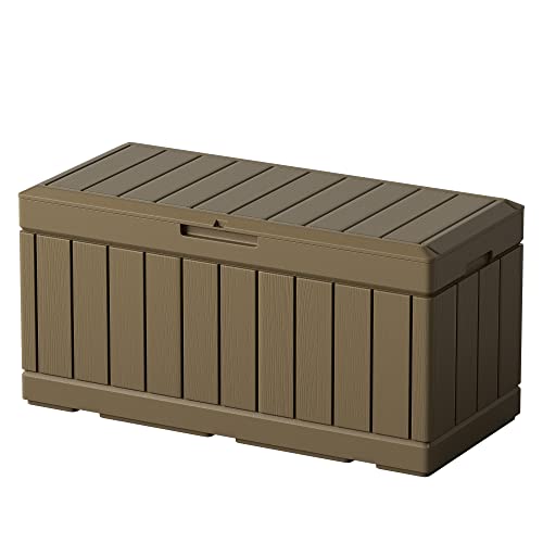 Greesum 82 Gallon Resin Deck Box Large Outdoor Storage for Patio Furniture, Garden Tools, Pool Supplies, Weatherproof and UV Resistant, Lockable, Brown