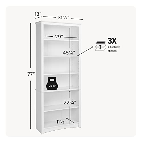 Prepac Sonoma Tall 6-Tier Bookcase 77"H with 3 Adjustable Shelves, White Storage Cabinet, Modern Display Cabinet, Bookshelf with Storage Shelves for Home Office, Living Room, Bedroom Organizer