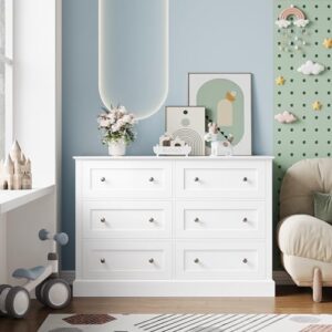 FACBOTALL Modern 6 Drawer Double Dresser, White Dresser Wood Dresser, Wide Chest of Drawers with Deep Drawers & Mental Double Handles for Hallway Living Room