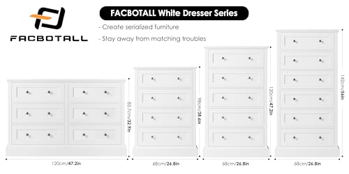 FACBOTALL 5 Drawer Dresser, 47.2" Tall White Dresser with 5 Drawers, Chest of Drawers Cabinet Wood Dresser for Hallway Living Room