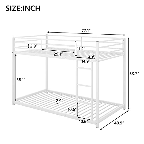 LostCat Bunk Bed Twin Over Twin, Low Bunk Beds with Safety Guardrail and Ladder, Metal Floor Bunk Bed with Slat Support, No Box Spring Needed, Easy Assembly, White