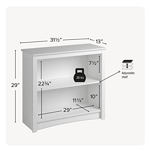 Prepac Sonoma 2-Tier Bookcase 29"H with 1 Adjustable Shelf, White Storage Cabinet, Modern Display Cabinet, Bookshelf with Storage Shelves for Home Office, Living Room, Bedroom Organizer