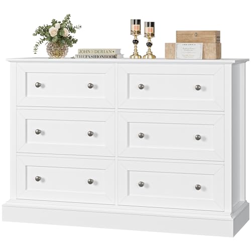 FACBOTALL Modern 6 Drawer Double Dresser, White Dresser Wood Dresser, Wide Chest of Drawers with Deep Drawers & Mental Double Handles for Hallway Living Room