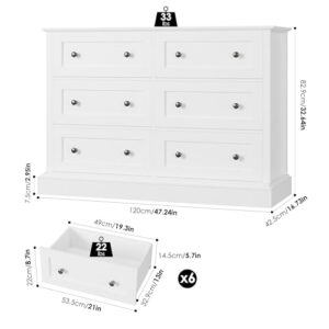 FACBOTALL Modern 6 Drawer Double Dresser, White Dresser Wood Dresser, Wide Chest of Drawers with Deep Drawers & Mental Double Handles for Hallway Living Room