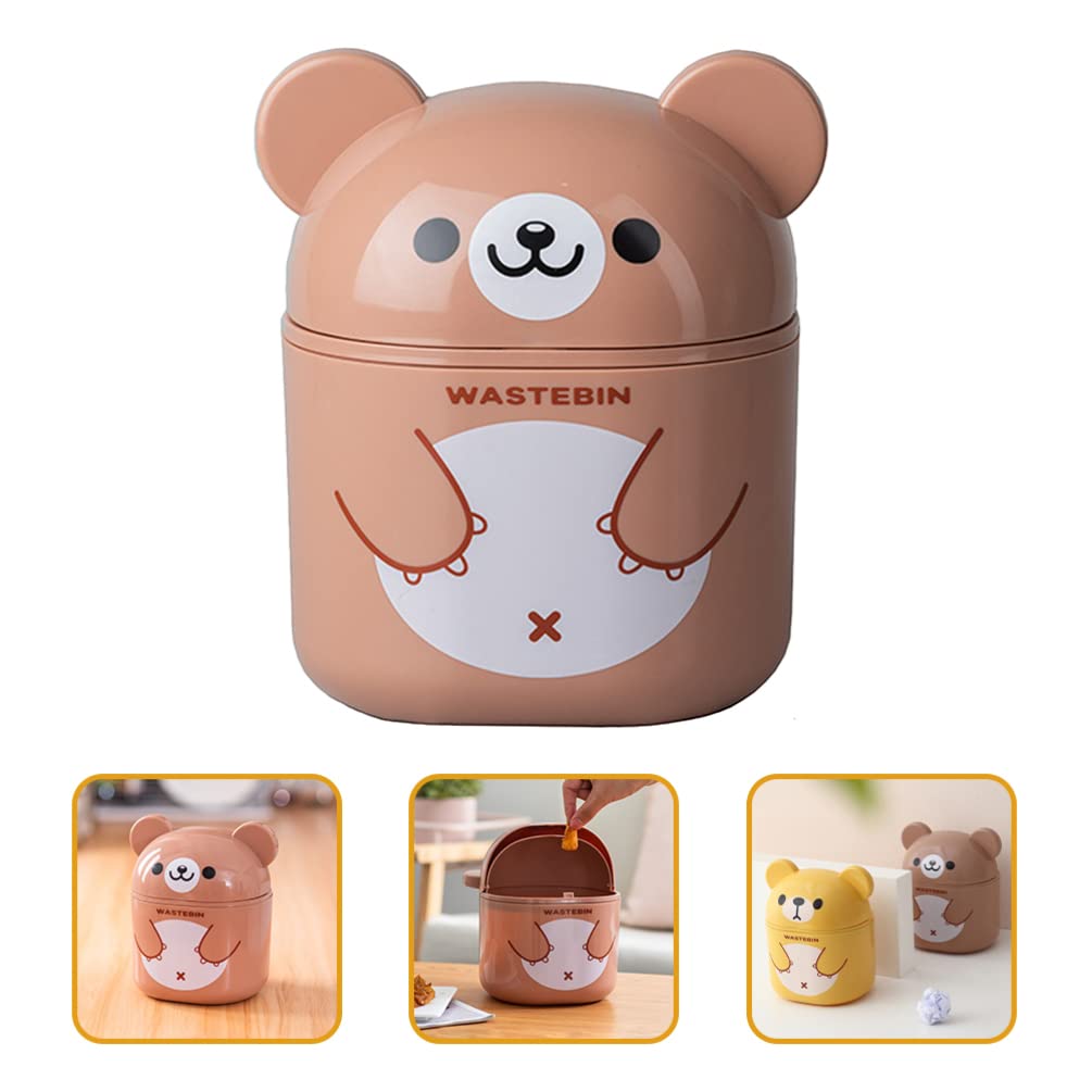 NUOBESTY Mini Desk Trash Can Cute Bear Trash Bin Cartoon Desktop Storage Box Garbage Container with Lid for Bathroom Kitchen(Brown)